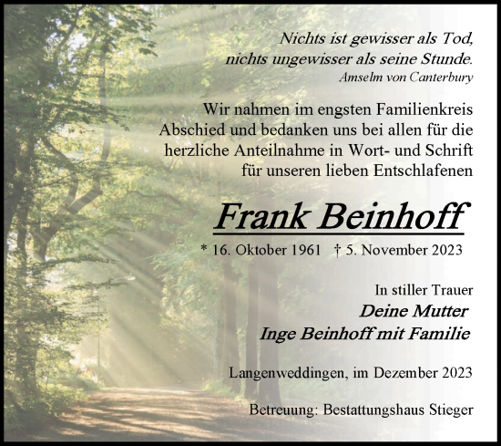 Traueranzeige von Frank Beinhoff von Volksstimme Oschersleben/Wanzleben