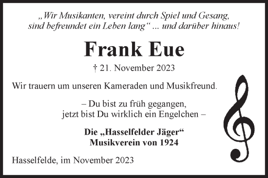 Traueranzeige von Frank Eue von Volksstimme Wernigerode
