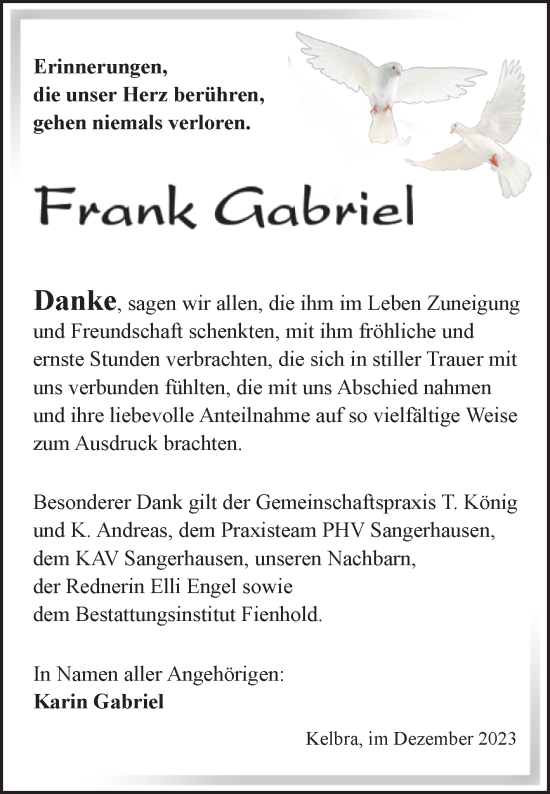 Traueranzeige von Frank Gabriel von Trauerkombi Sangerhausen
