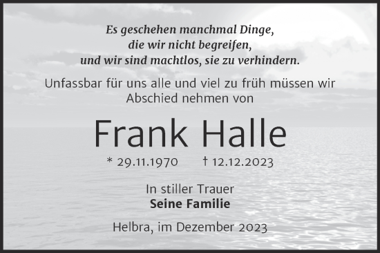 Traueranzeige von Frank Halle von Trauerkombi Mansfelder Land