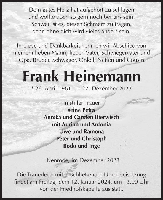 Traueranzeige von Frank Heinemann von Volksstimme Haldensleben/Wolmirstedt