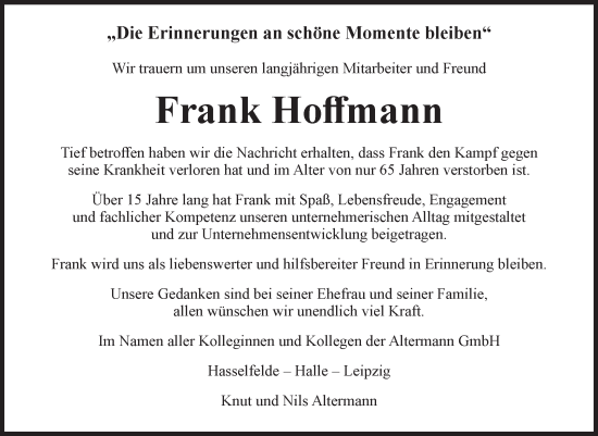 Traueranzeige von Frank Hoffmann von Volksstimme Wernigerode