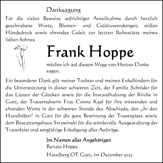 Traueranzeige von Frank Hoppe von Volksstimme Altmark Ost