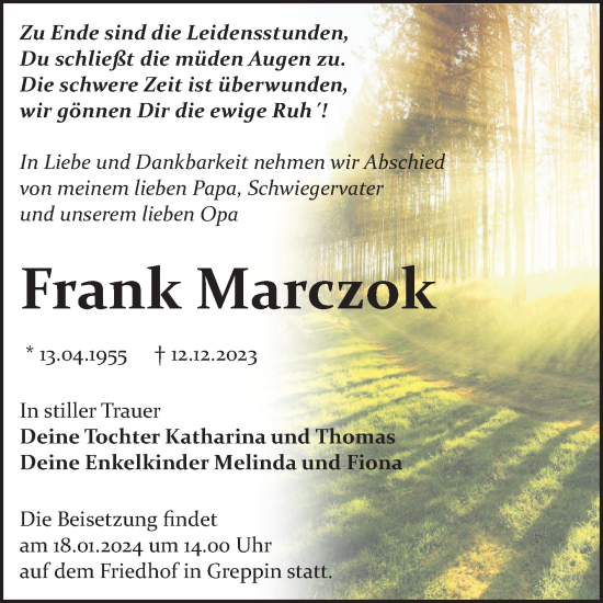 Traueranzeige von Frank Marczok von Trauerkombi Bitterfeld