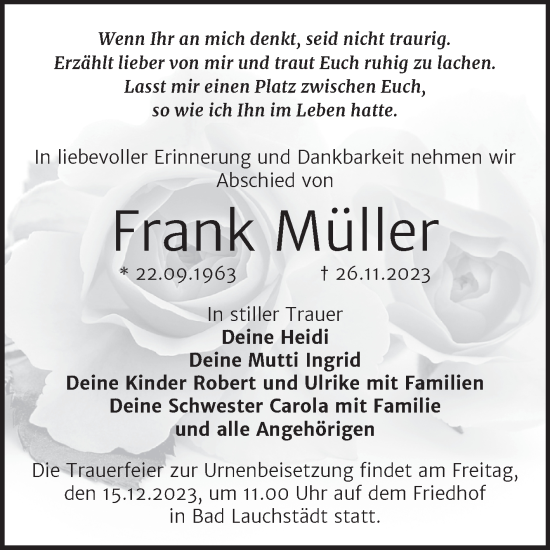 Traueranzeige von Frank Müller von Trauerkombi Merseburg