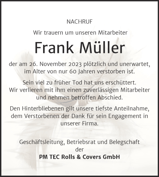 Traueranzeige von Frank Müller von Super Sonntag Merseburg/Querfurt