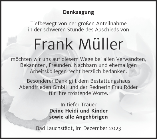 Traueranzeige von Frank Müller von Trauerkombi Merseburg