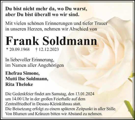 Traueranzeige von Frank Soldmann von Trauerkombi Dessau