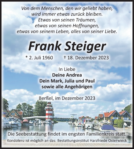Traueranzeige von Frank Steiger von Volksstimme Halberstadt