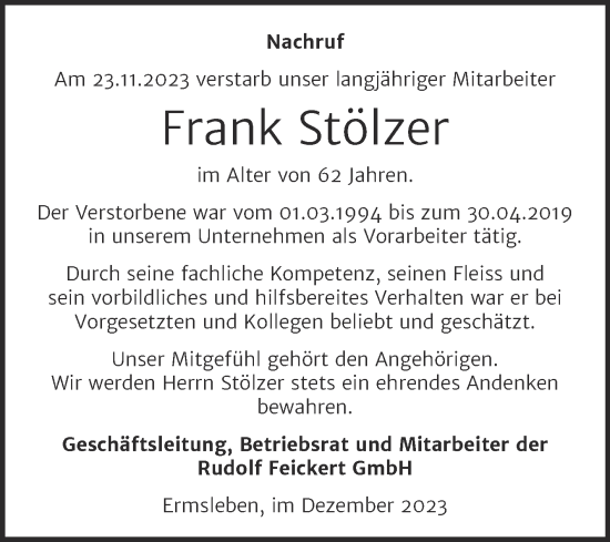 Traueranzeige von Frank Stölzer von Mitteldeutsche Zeitung Salzlandkreis