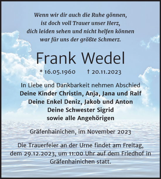 Traueranzeige von Frank Wedel von Trauerkombi Wittenberg