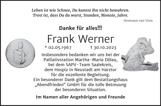 Traueranzeige von Frank Werner von Trauerkombi Merseburg
