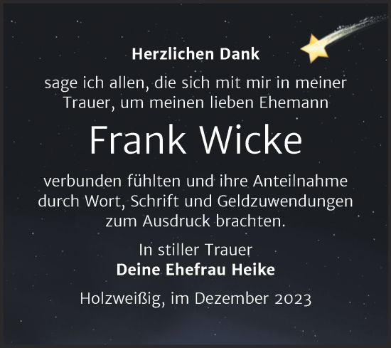 Traueranzeige von Frank Wicke von Trauerkombi Bitterfeld