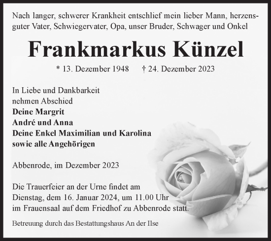 Traueranzeige von Frankmarkus Künzel von Volksstimme Wernigerode