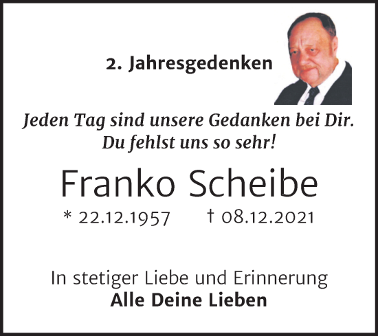 Traueranzeige von Franko Scheibe von Trauerkombi Bitterfeld