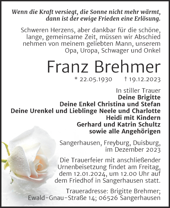 Traueranzeige von Franz Brehmer von Super Sonntag Naumburg/Nebra