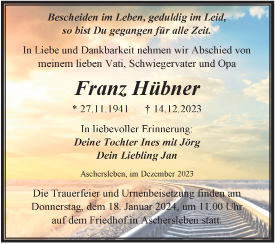 Traueranzeige von Franz Hübner von Trauerkombi Aschersleben