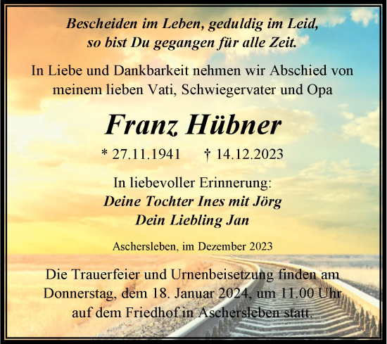 Traueranzeige von Franz Hübner von Trauerkombi Aschersleben