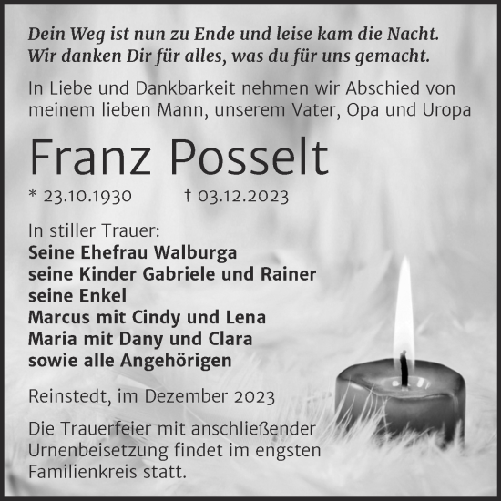 Traueranzeige von Franz Posselt von Trauerkombi Aschersleben