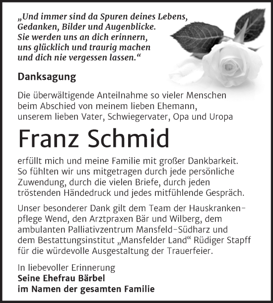Traueranzeige von Franz Schmid von Trauerkombi Mansfelder Land