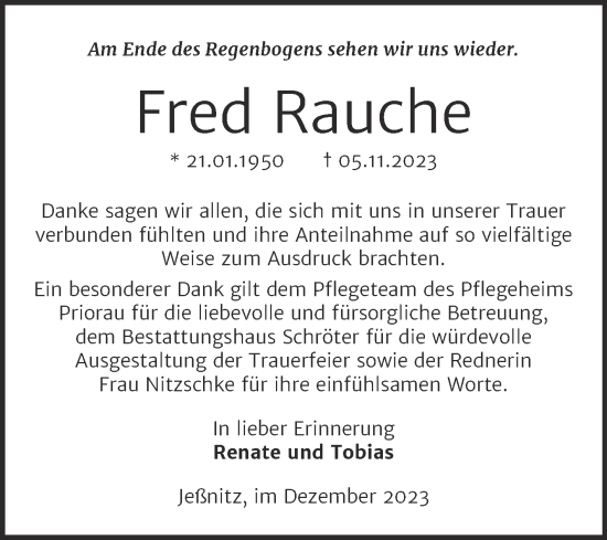 Traueranzeige von Fred Rauche von Trauerkombi Bitterfeld