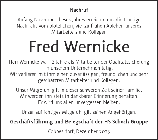 Traueranzeige von Fred Wernicke von Super Sonntag Wittenberg