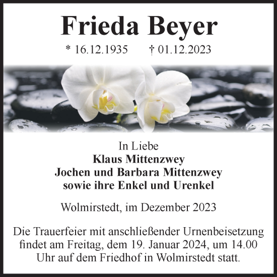 Traueranzeige von Frieda Beyer von Volksstimme Haldensleben/Wolmirstedt