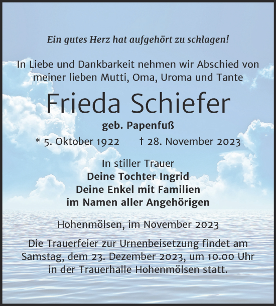 Traueranzeige von Frieda Schiefer von Trauerkombi Weißenfels