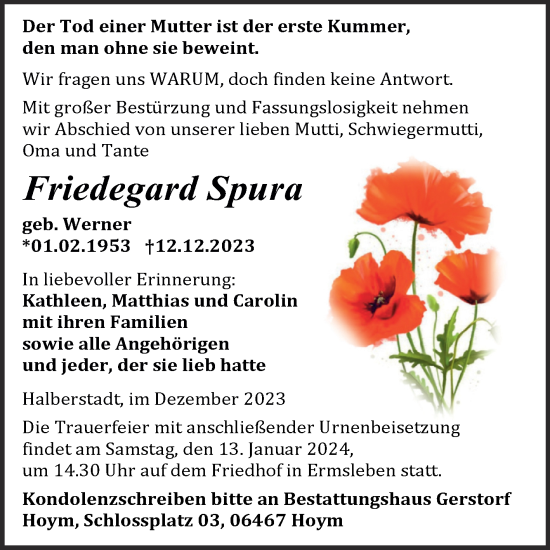 Traueranzeige von Friedegard Spura von Trauerkombi Aschersleben