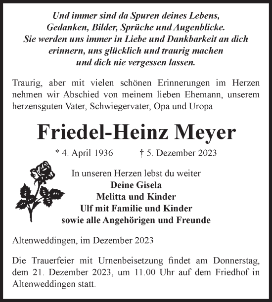 Traueranzeige von Friedel-Heinz Meyer von Volksstimme Oschersleben/Wanzleben