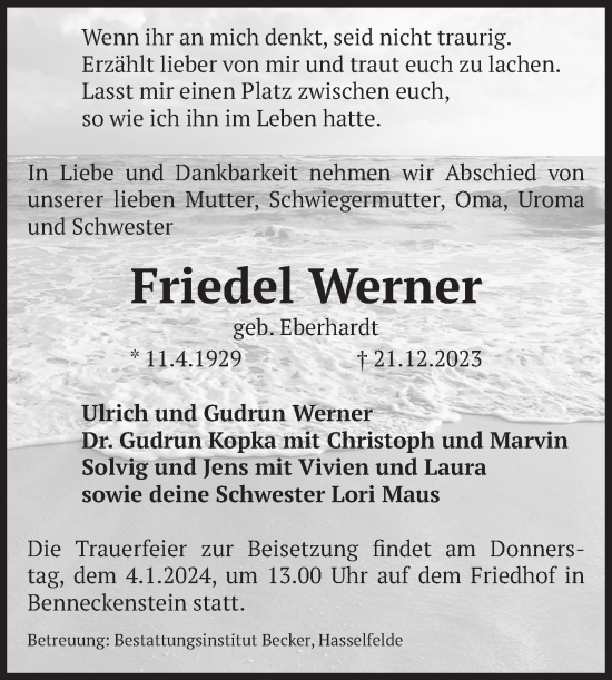 Traueranzeige von Friedel Werner von Volksstimme Wernigerode