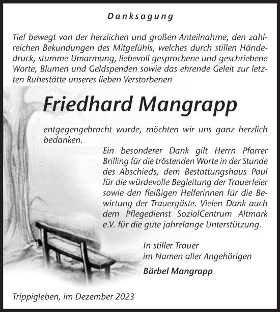 Traueranzeige von Friedhard Mangrapp von Volksstimme Altmark West