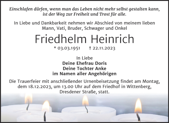 Traueranzeige von Friedhelm Heinrich von Trauerkombi Wittenberg