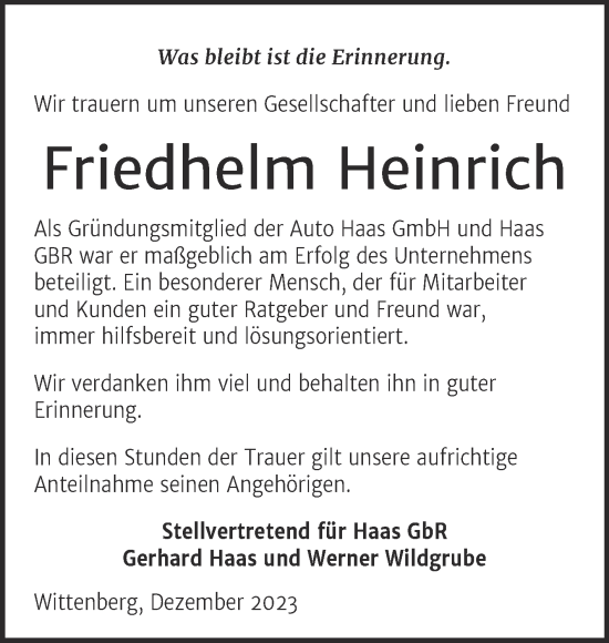 Traueranzeige von Friedhelm Heinrich von Super Sonntag Wittenberg