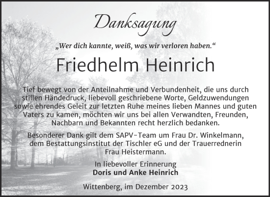 Traueranzeige von Friedhelm Heinrich von Trauerkombi Wittenberg
