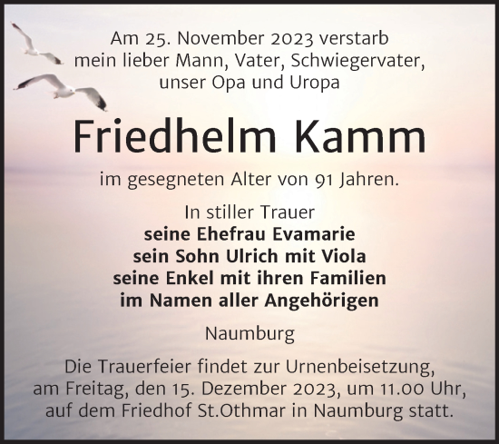 Traueranzeige von Friedhelm Kamm von Wochenspiegel Naumburg/Nebra