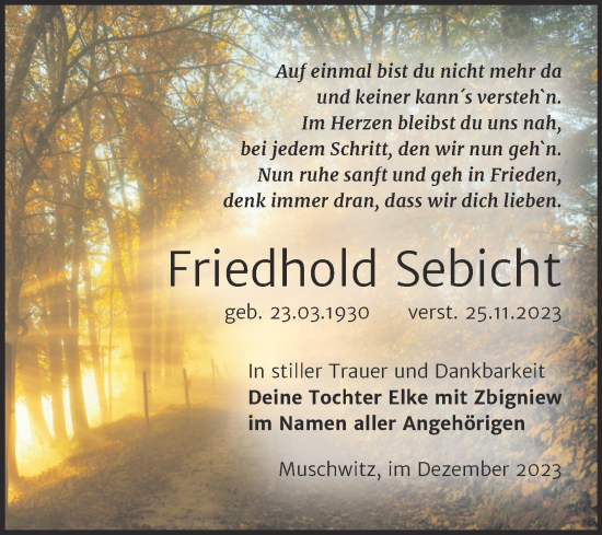 Traueranzeige von Friedhold Sebicht von Trauerkombi Weißenfels