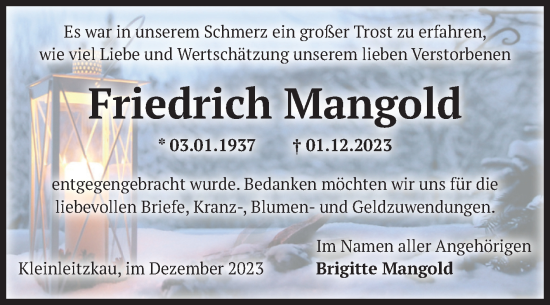 Traueranzeige von Friedrich Mangold von Volksstimme Zerbst