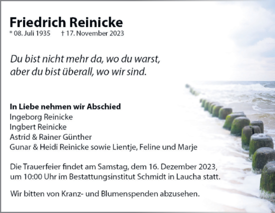 Traueranzeige von Friedrich Reinicke von Trauerkombi Merseburg