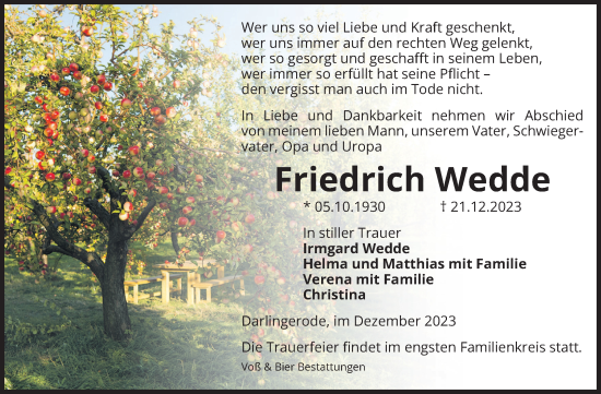 Traueranzeige von Friedrich Wedde von Volksstimme Wernigerode