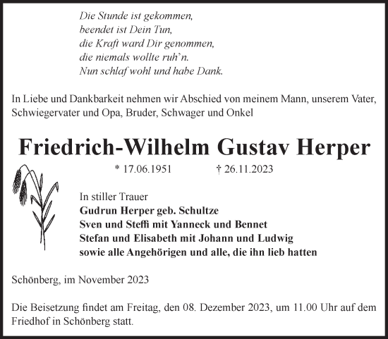 Traueranzeige von Friedrich-Wilhelm Gustav Herper von Volksstimme Altmark Ost