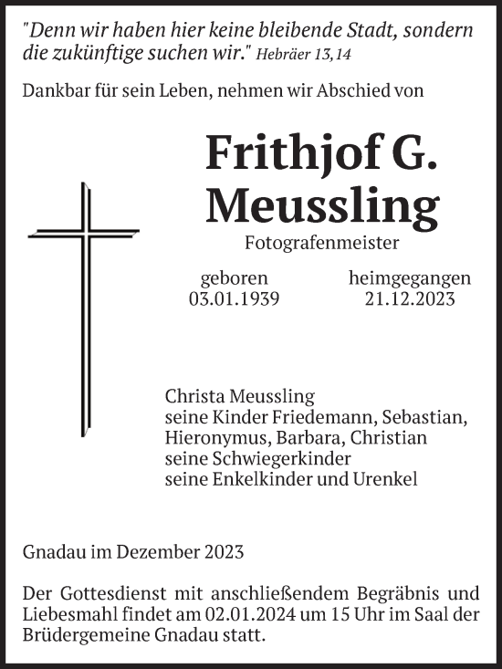 Traueranzeige von Frithjof G. Meussling von Volksstimme Schönebeck