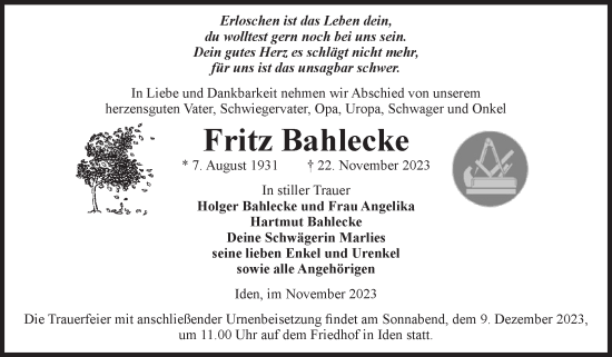 Traueranzeige von Fritz Bahlecke von Volksstimme Altmark Ost
