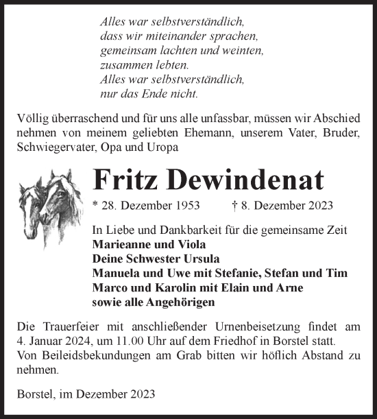 Traueranzeige von Fritz Dewindenat von Volksstimme Altmark Ost