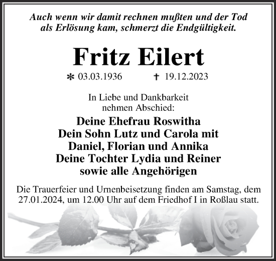 Traueranzeige von Fritz Eilert von Trauerkombi Dessau