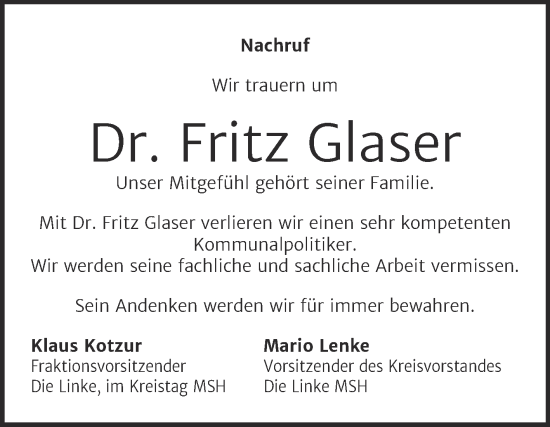 Traueranzeige von Fritz Glaser von Super Sonntag Sangerhausen