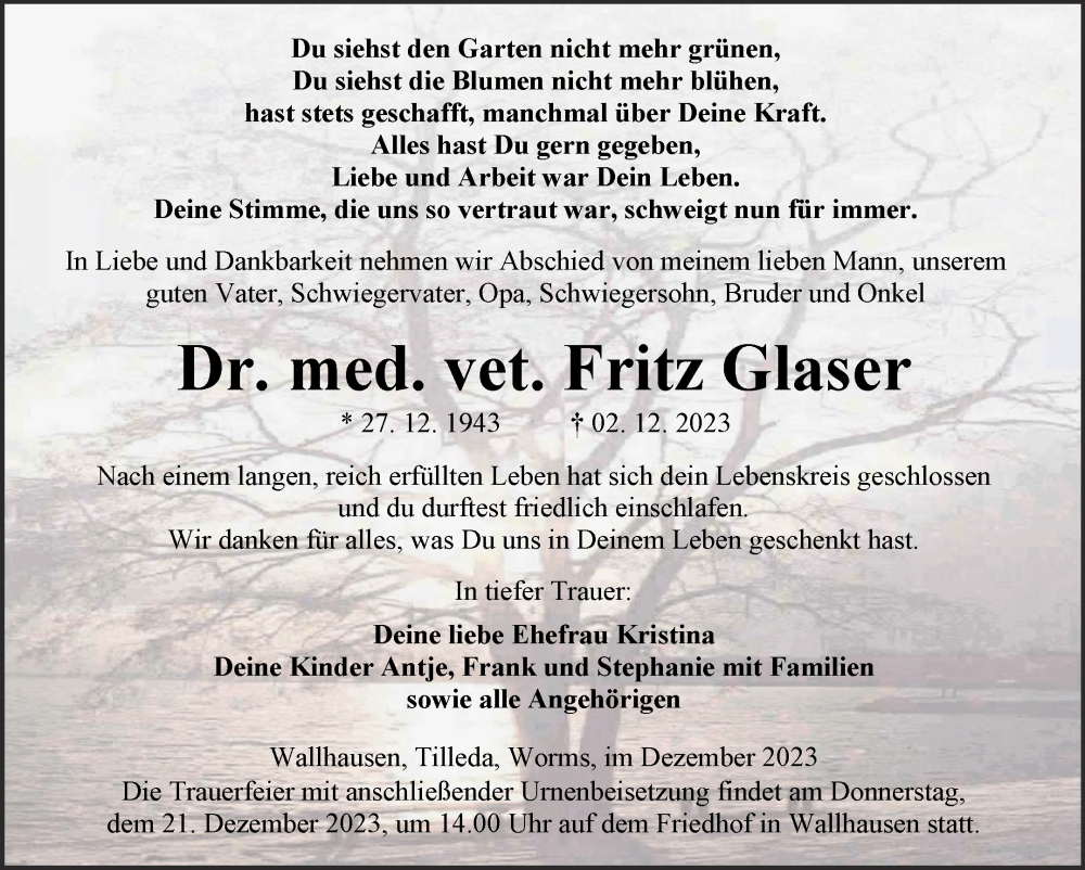 Traueranzeige für Fritz Glaser vom 09.12.2023 aus Trauerkombi Sangerhausen