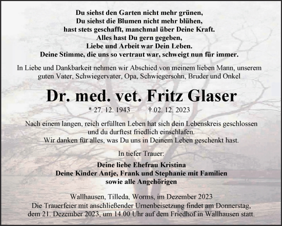 Traueranzeige von Fritz Glaser von Trauerkombi Sangerhausen