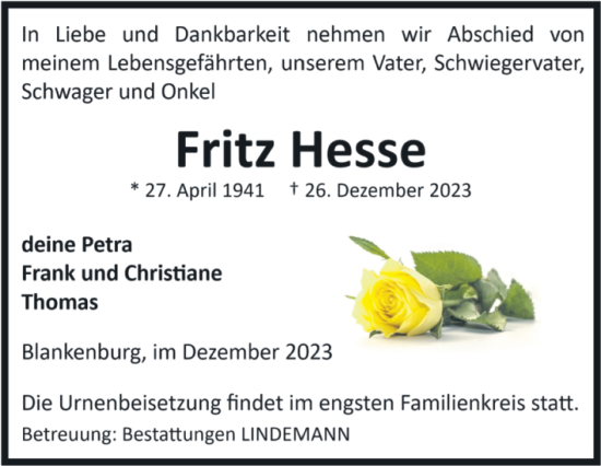 Traueranzeige von Fritz Hesse von Volksstimme Wernigerode
