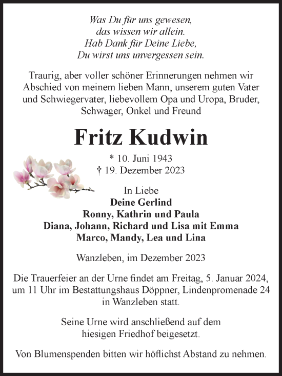 Traueranzeige von Fritz Kudwin von Volksstimme Oschersleben/Wanzleben